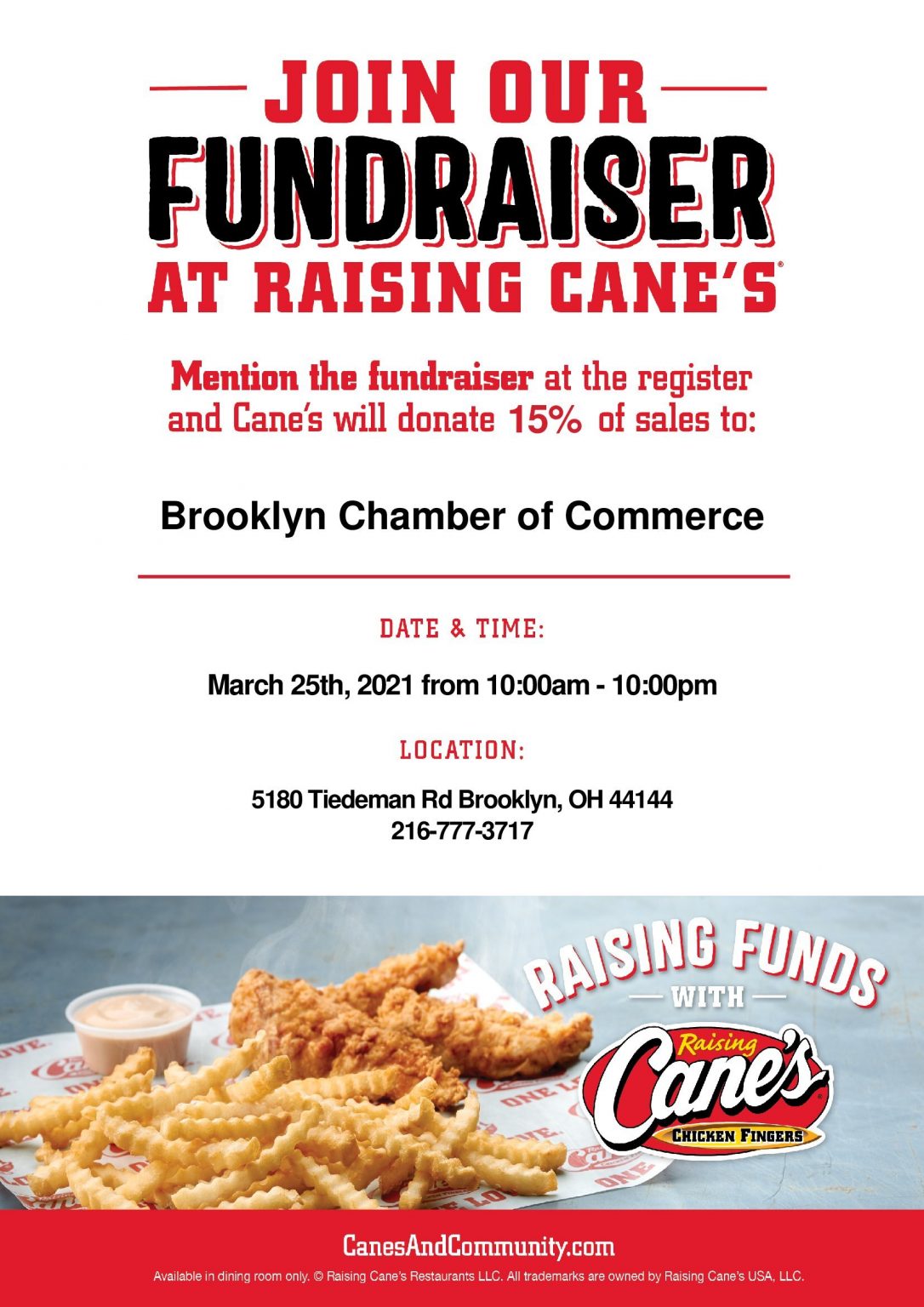March 25th Fundraiser at Raising Cane's Brooklyn, Ohio Chamber of